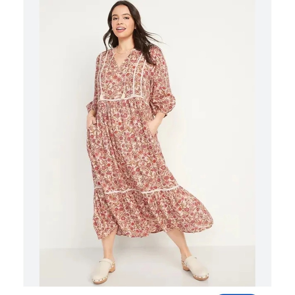 Old Navy Cream Floral Tiered Midi Dress 3X 3/4 Puff Sleeve Tassel Boho 811887-00